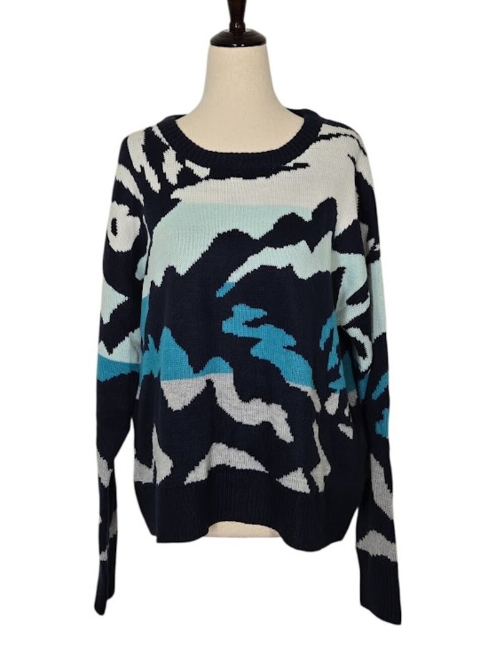 JOHN + JENN Women’s M Abstract Camo Crewneck Sweater Deep Ocean Blue NWT
